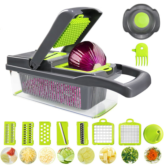 Multi-functional Food Cutter with accessories on a white background.