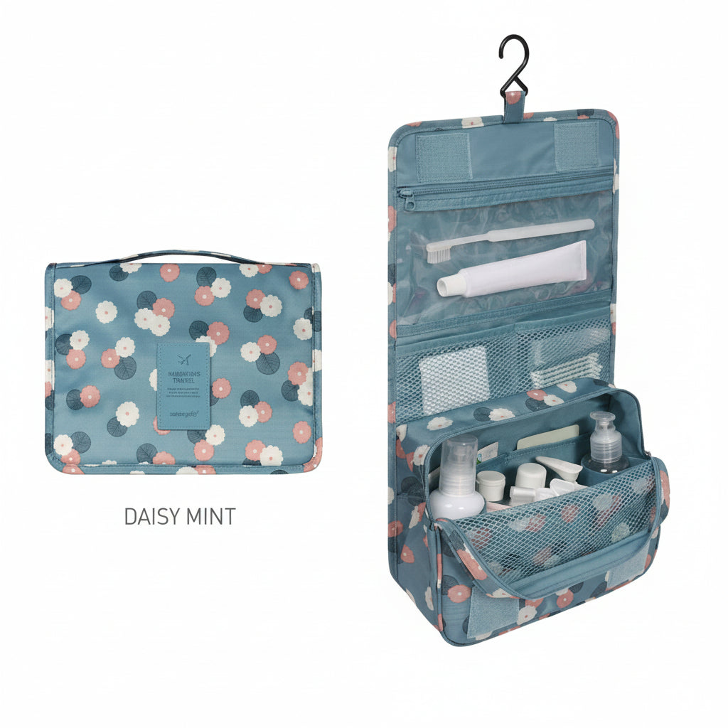 Floral-patterned hanging toiletry bag with cosmetic items on a white background
