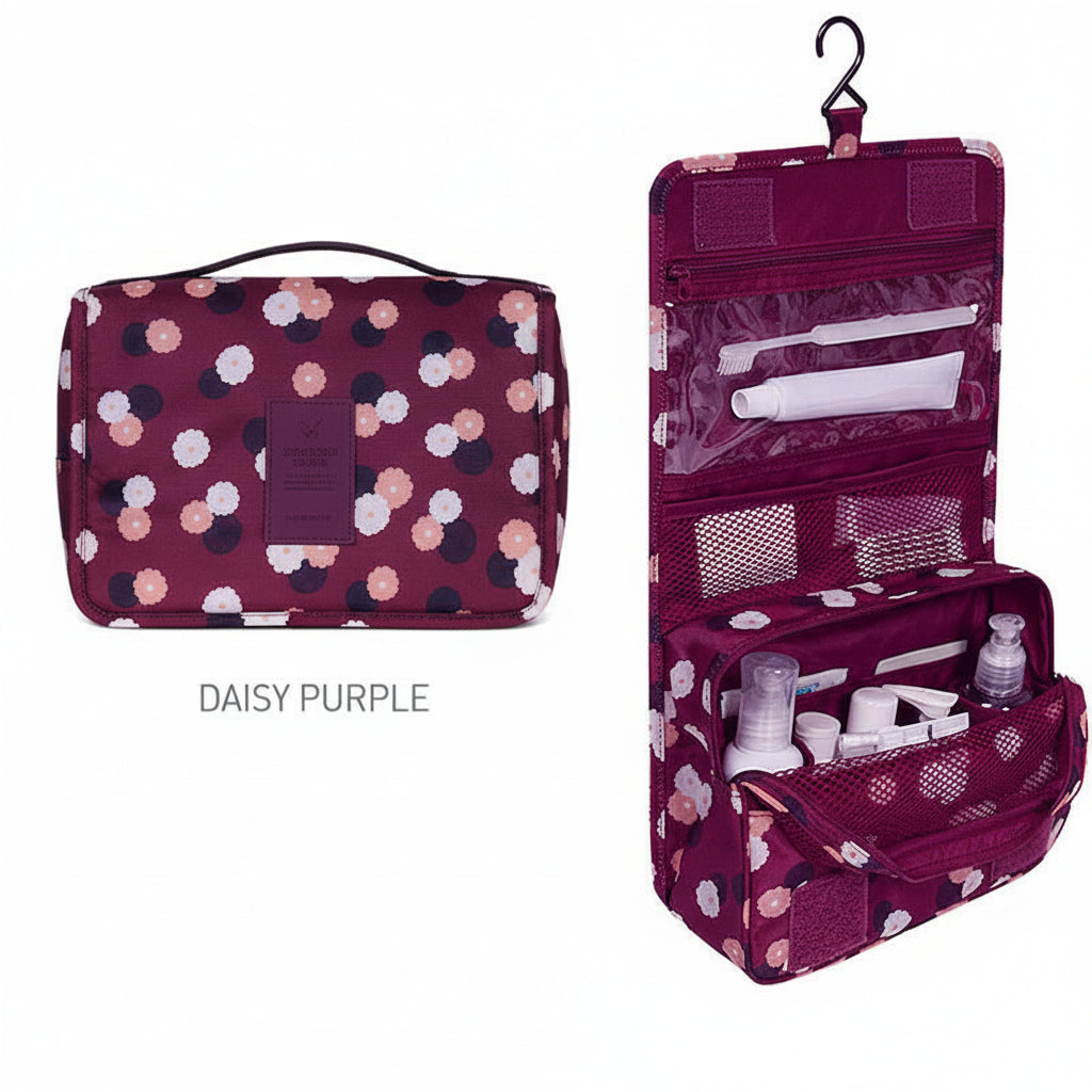 Daisy Purple floral travel  toiletry organizer with toiletries on a white background