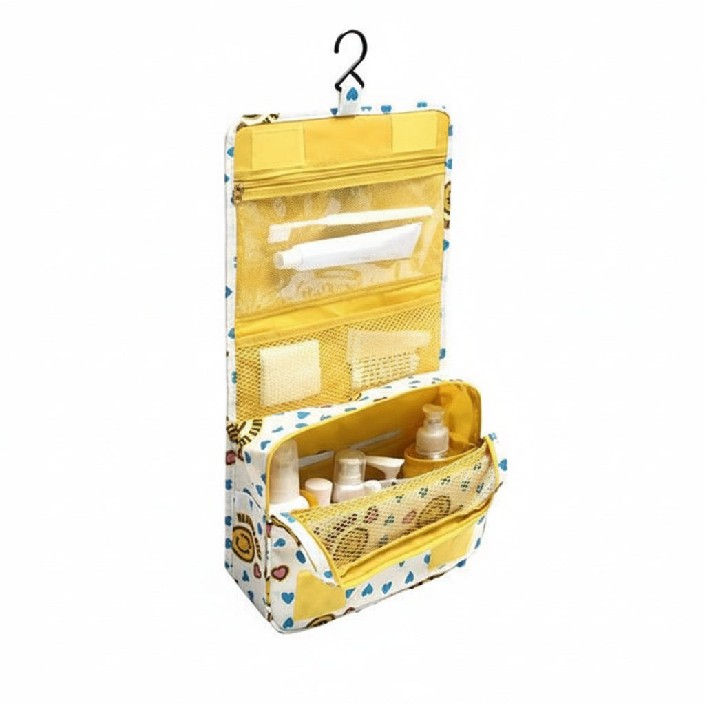 Yellow hanging toiletry bag with compartments and a hook on a white background