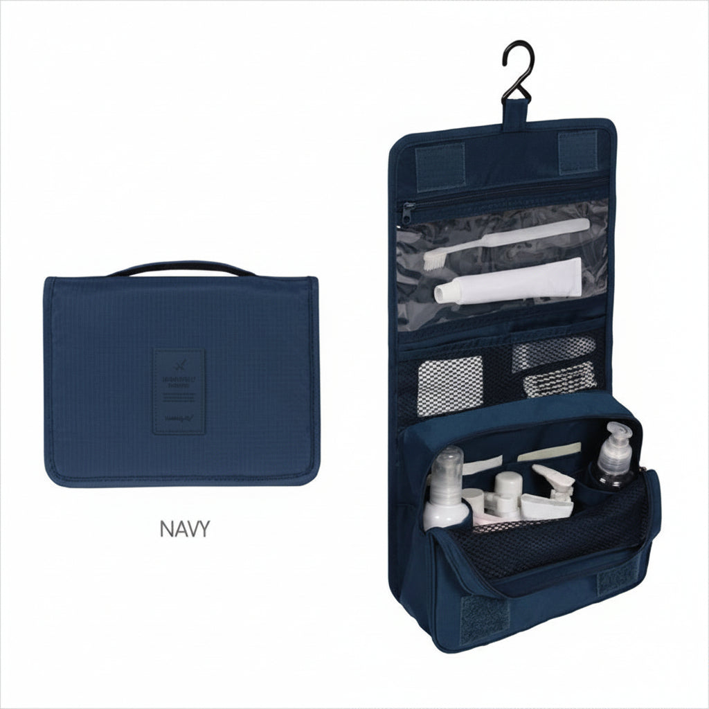 Navy blue hanging toiletry bag with cosmetic items on a white background
