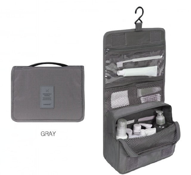 Gray travel toiletry bag with hanging hook, open showing products, on white background.