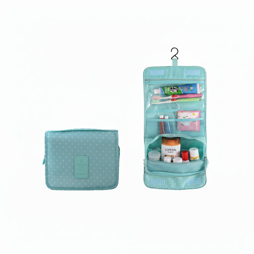 Teal hanging toiletry bag with various items inside on a white background