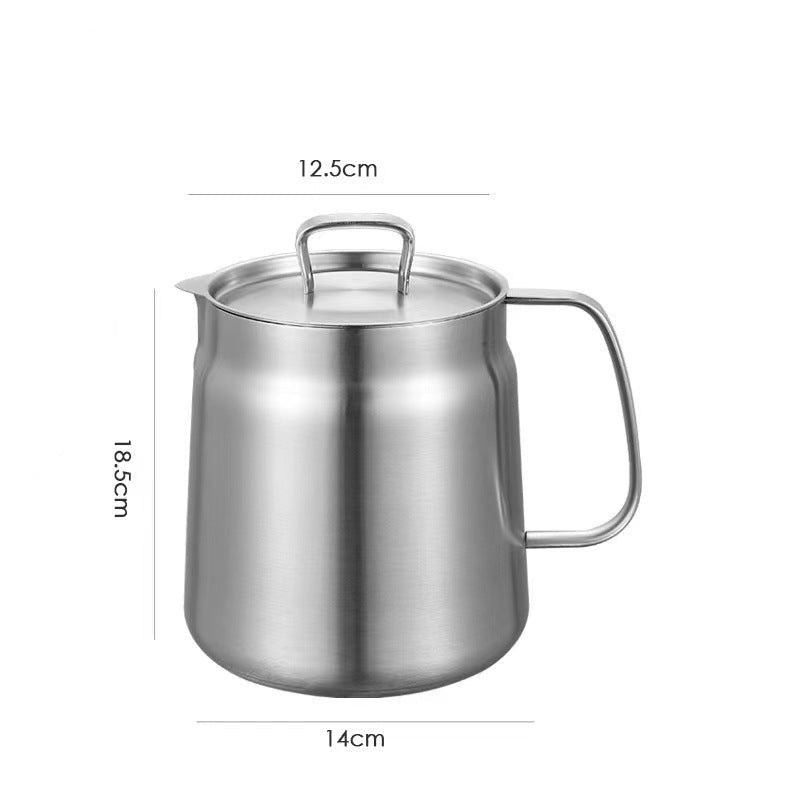 Stainless steel oil pot strainer with dimensions on a white background