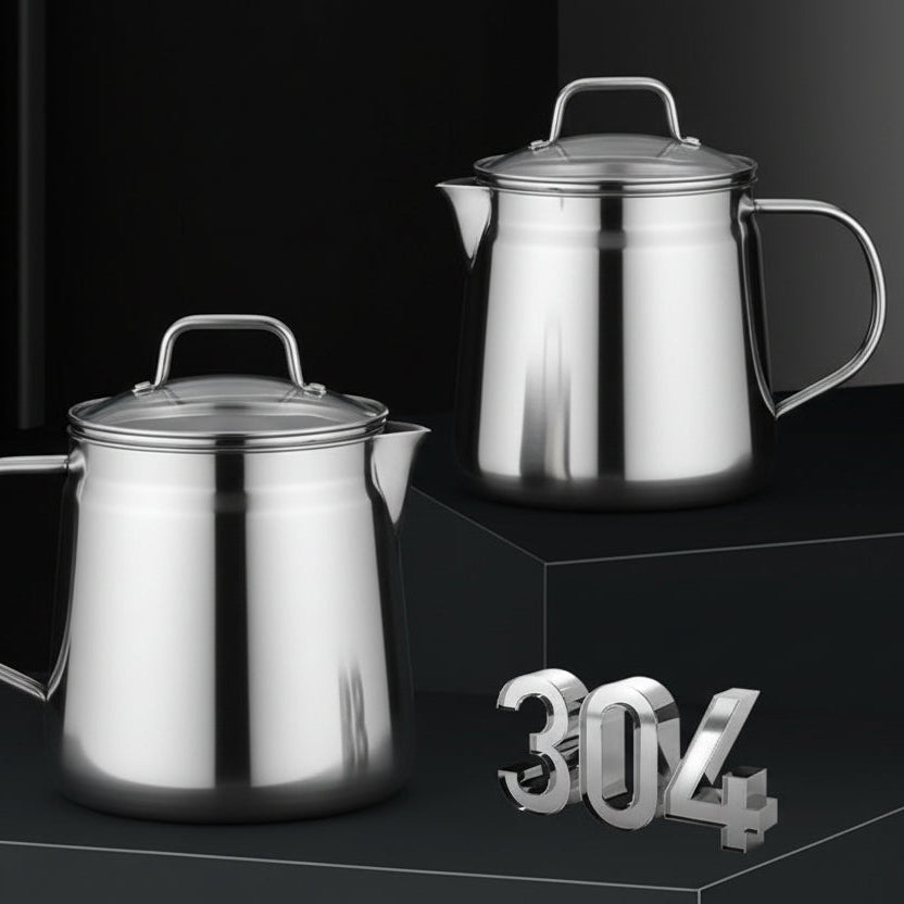 Two stainless steel pots with lids on a black background, featuring the number 304.
