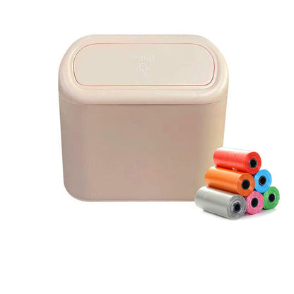 Beige trash bin with colorful garbage bags on a white background