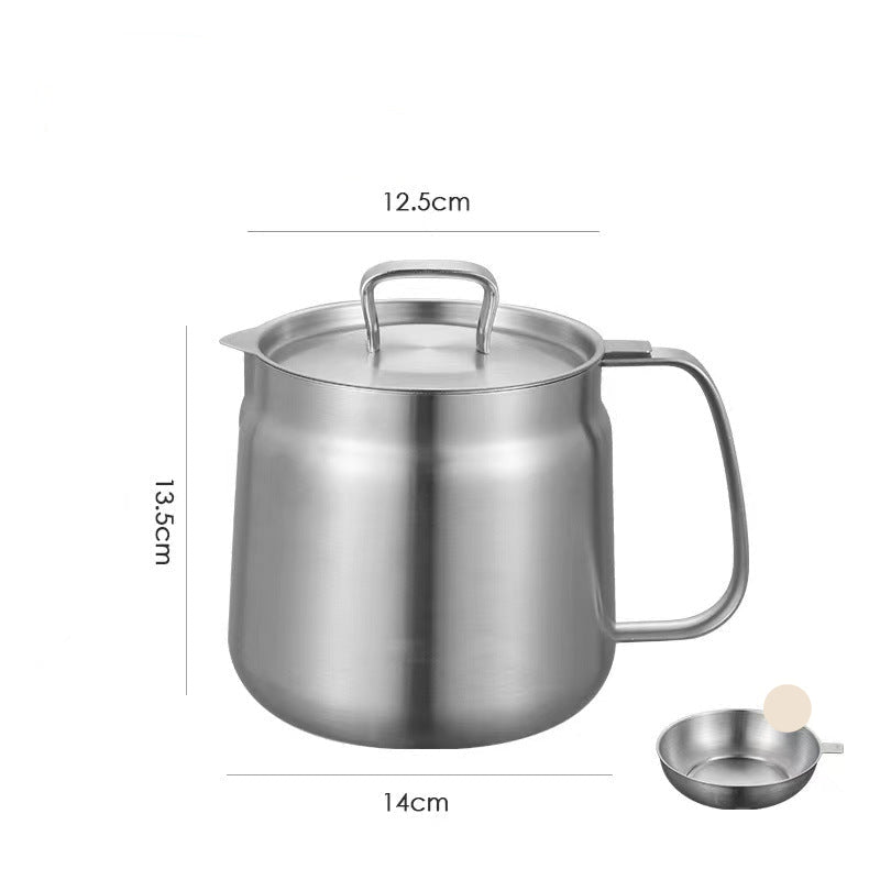 Stainless steel pot with lid and filter screen on a white background
