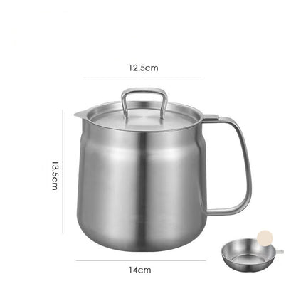 Stainless steel pot with lid and filter screen on a white background