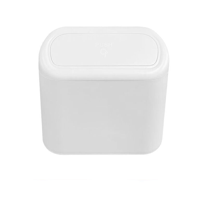 White trash bin with a red banner at the bottom on a white background