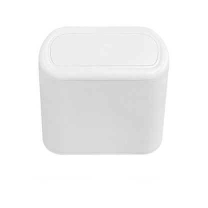 White trash bin with a red banner at the bottom on a white background