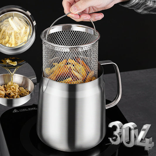 Stainless steel oil filter with fried food and oil on a black background