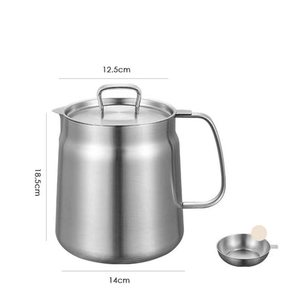 Stainless steel teapot with lid and filter on a white background