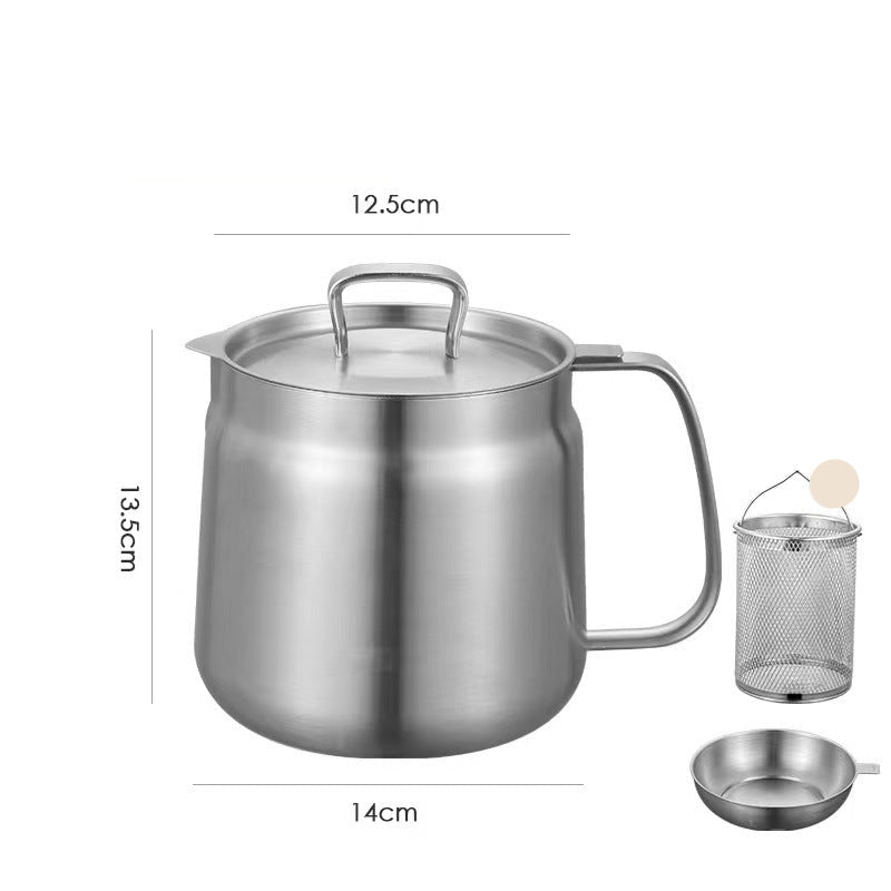 Stainless steel pot with lid, filter screen on a white background