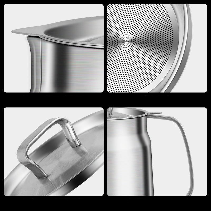 Collage of a stainless steel oil pot strainer with features highlighted.