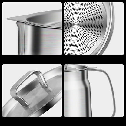 Collage of a stainless steel oil pot strainer with features highlighted.