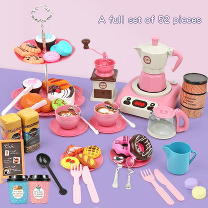 Cross-border new afternoon tea snacks children's play house toy set spray induction cooker coffee toy 52 pieces set
