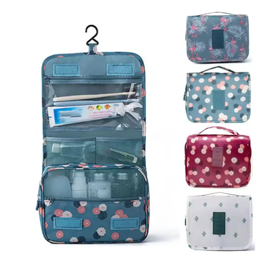 Set of floral-patterned toiletry bags on a white background