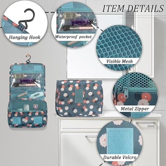 Cosmetic bag with features highlighted on a white background