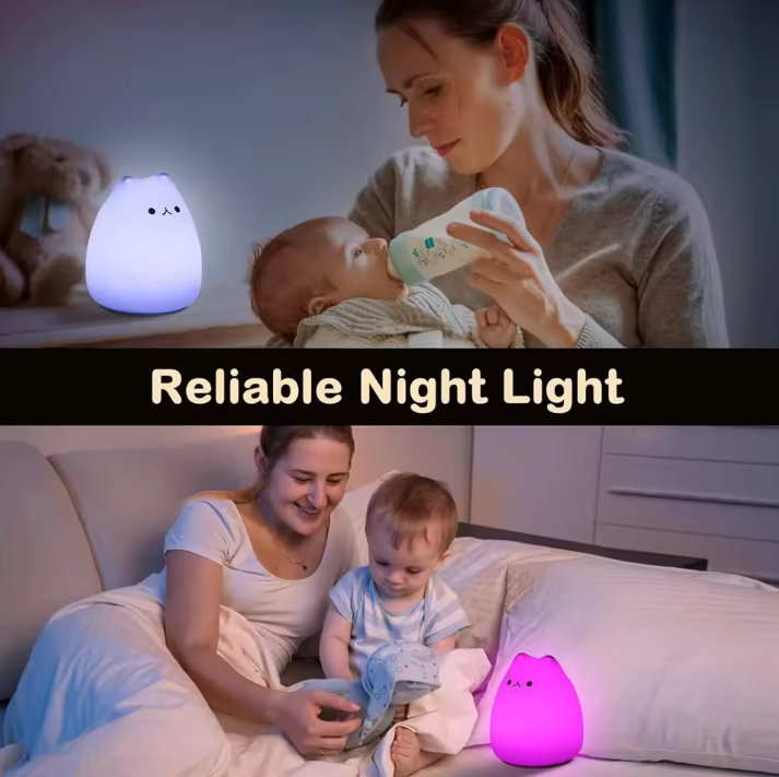 Woman feeding a baby with a night light and later reading to a child with a pink night light.