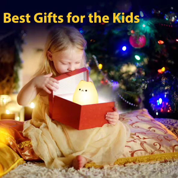 Child looking at the Silicone Cat Lamp with a light inside, surrounded by festive decorations.